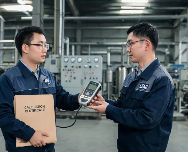 Technician handing calibrated instrument to maintenance lead