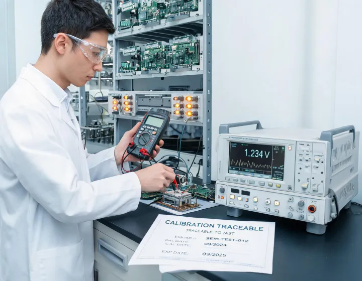 Engineer using Fluke instruments at a semiconductor test rack