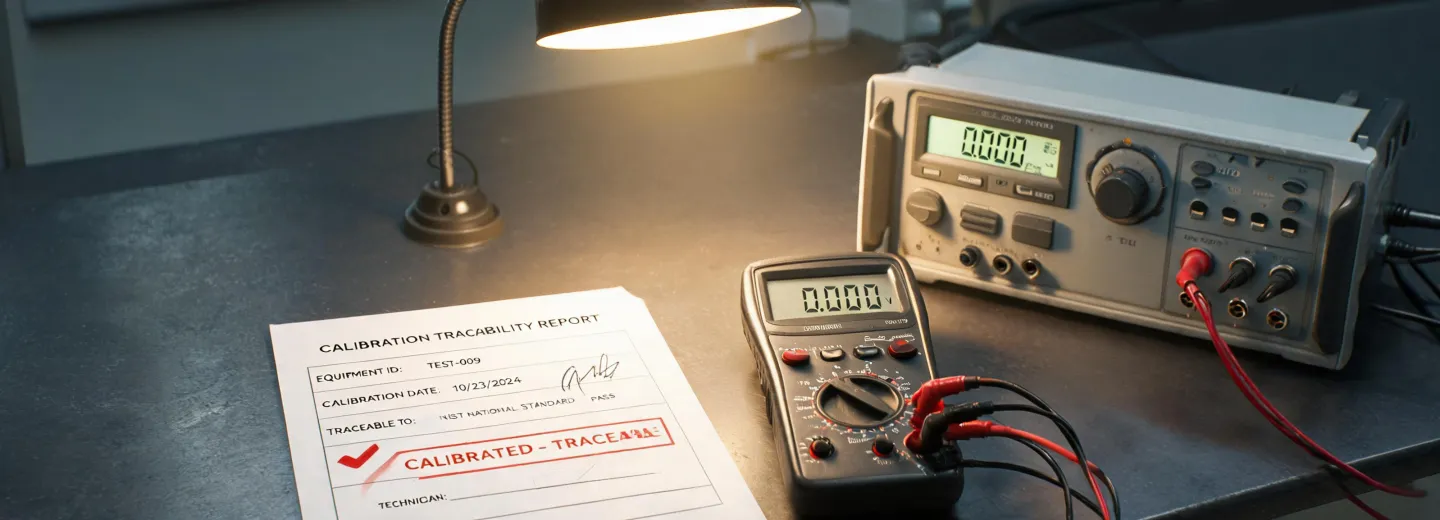 Calibration paperwork beside measurement instruments